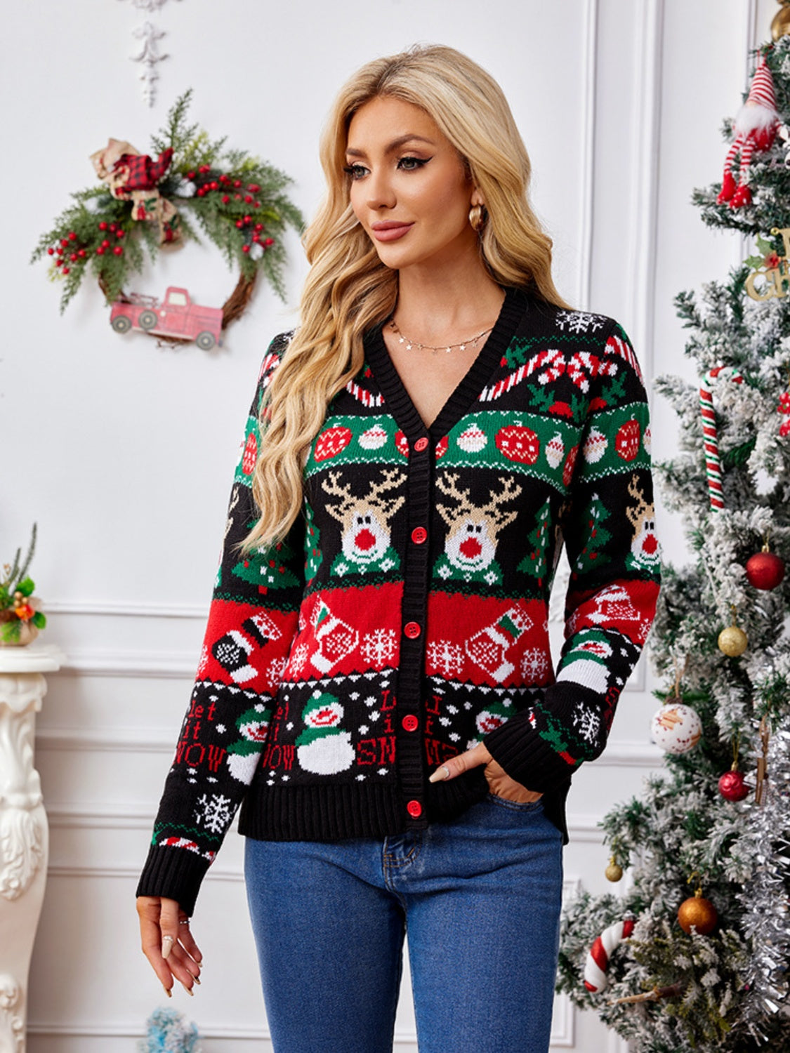 Reindeer Button Up Long Sleeve Cardigan-Angel Casuals