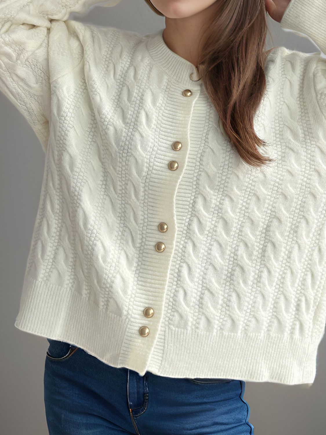 Cable-Knit Round Neck Long Sleeve Cardigan-Angel Casuals