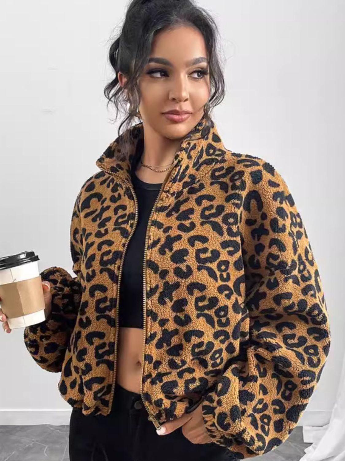 Leopard Zip Up Long Sleeve Jacket-Angel Casuals