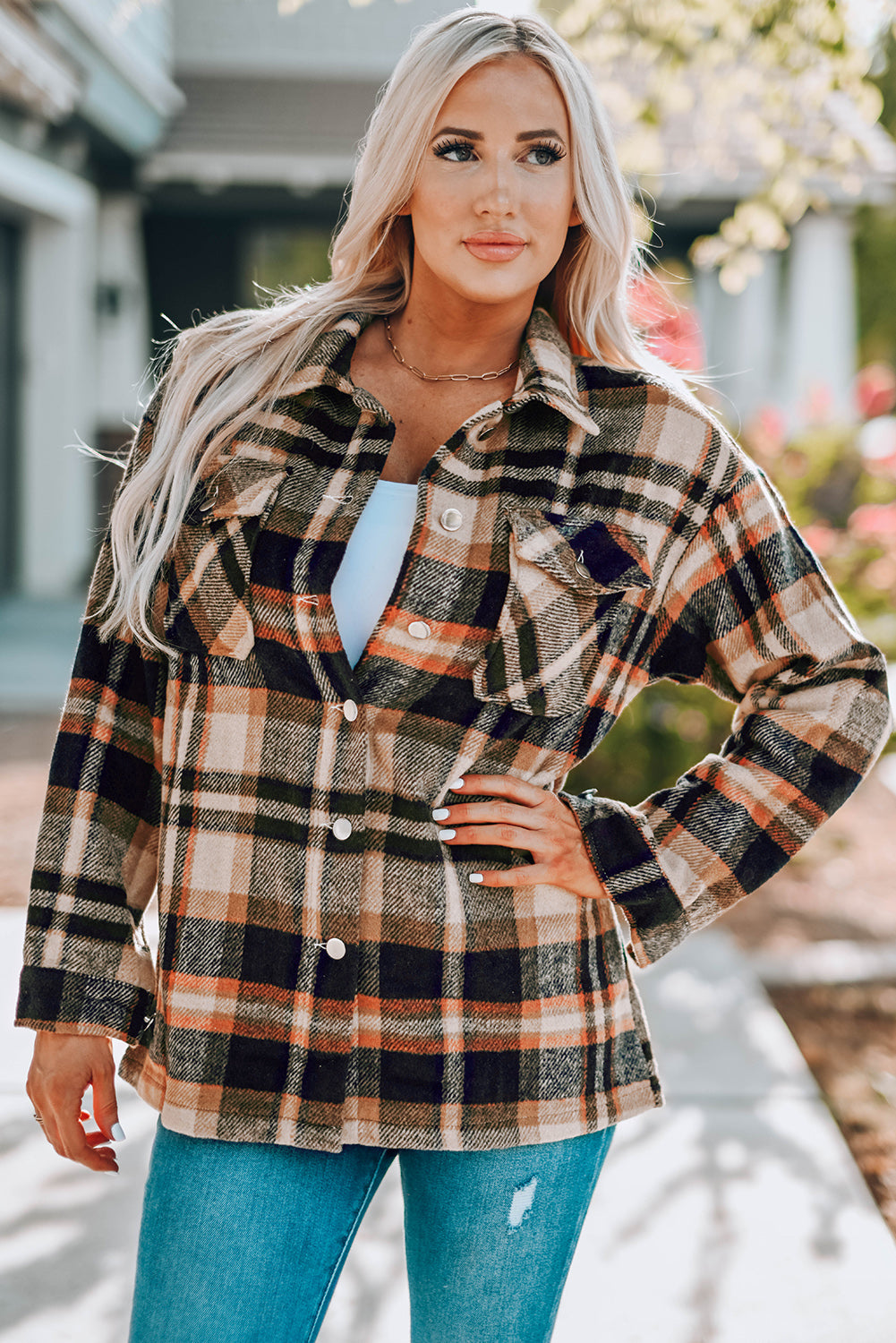 Double Take Plaid Button Front Shirt Jacket with Breast Pockets-Angel Casuals