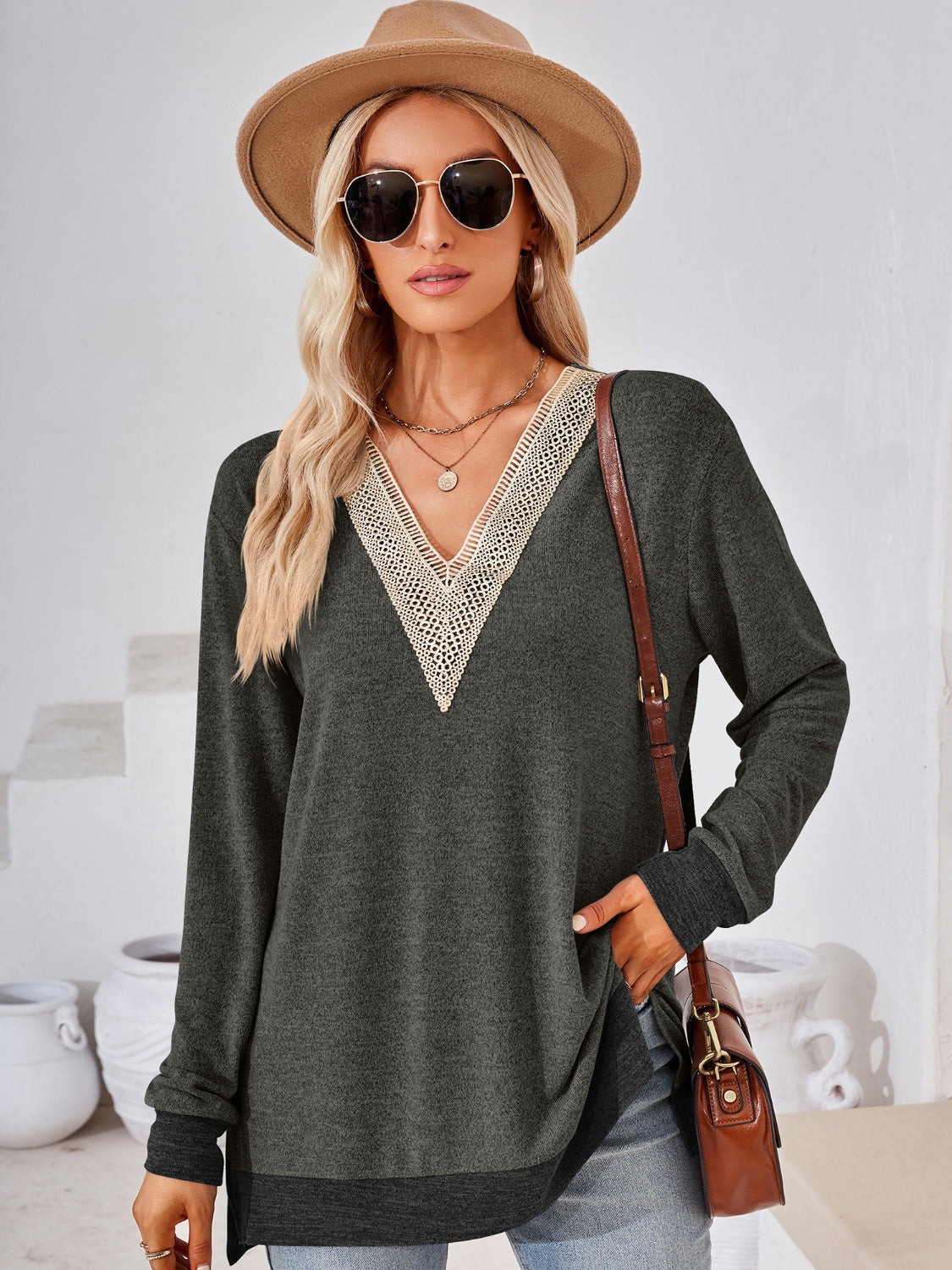 Crochet Contrast V-Neck Long Sleeve Slit T-Shirt-Angel Casuals