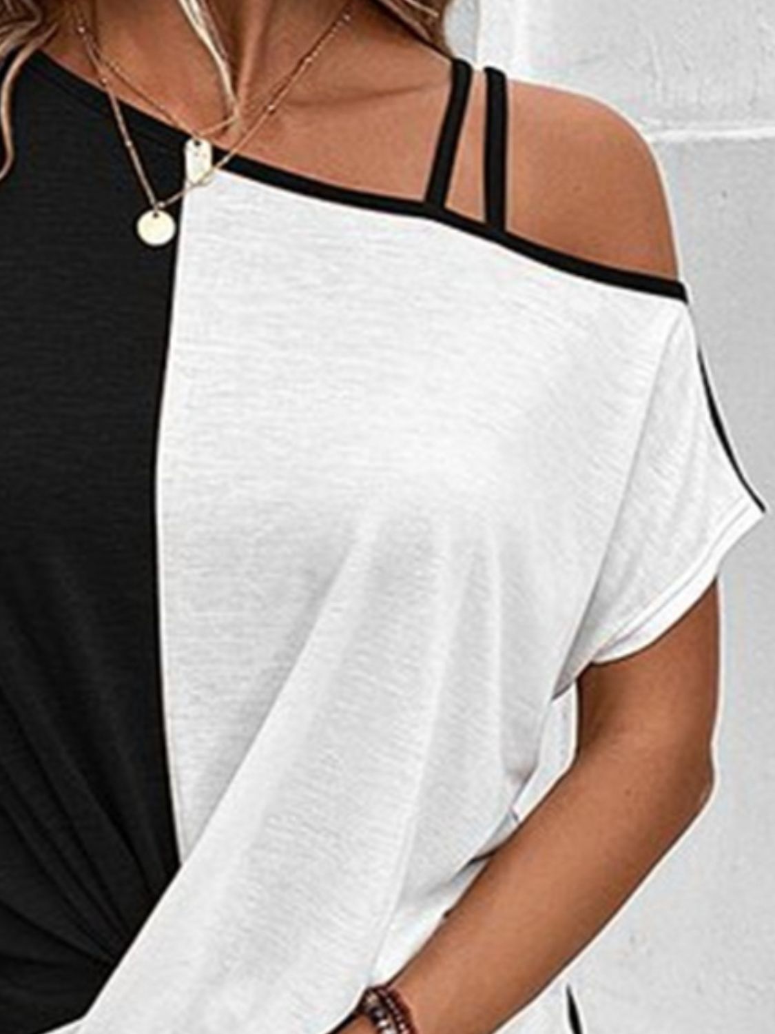 Contrast Asymmetrical Neck Short Sleeve T-Shirt-Angel Casuals