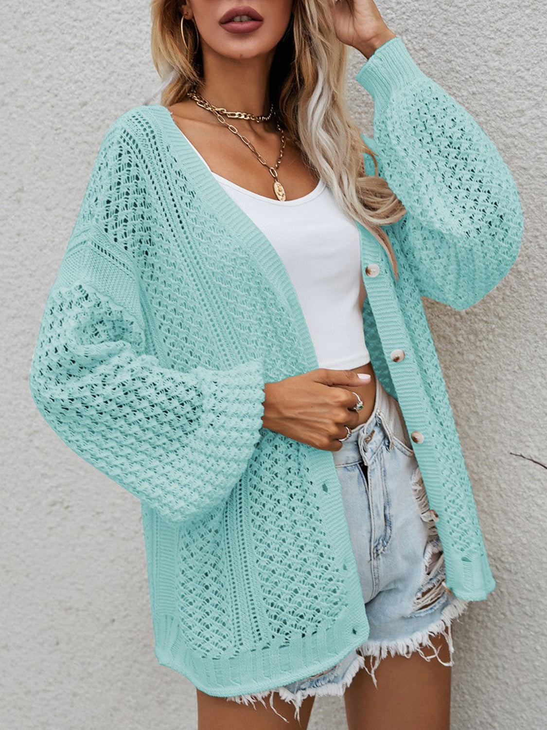 Openwork Button Front Cardigan-Angel Casuals