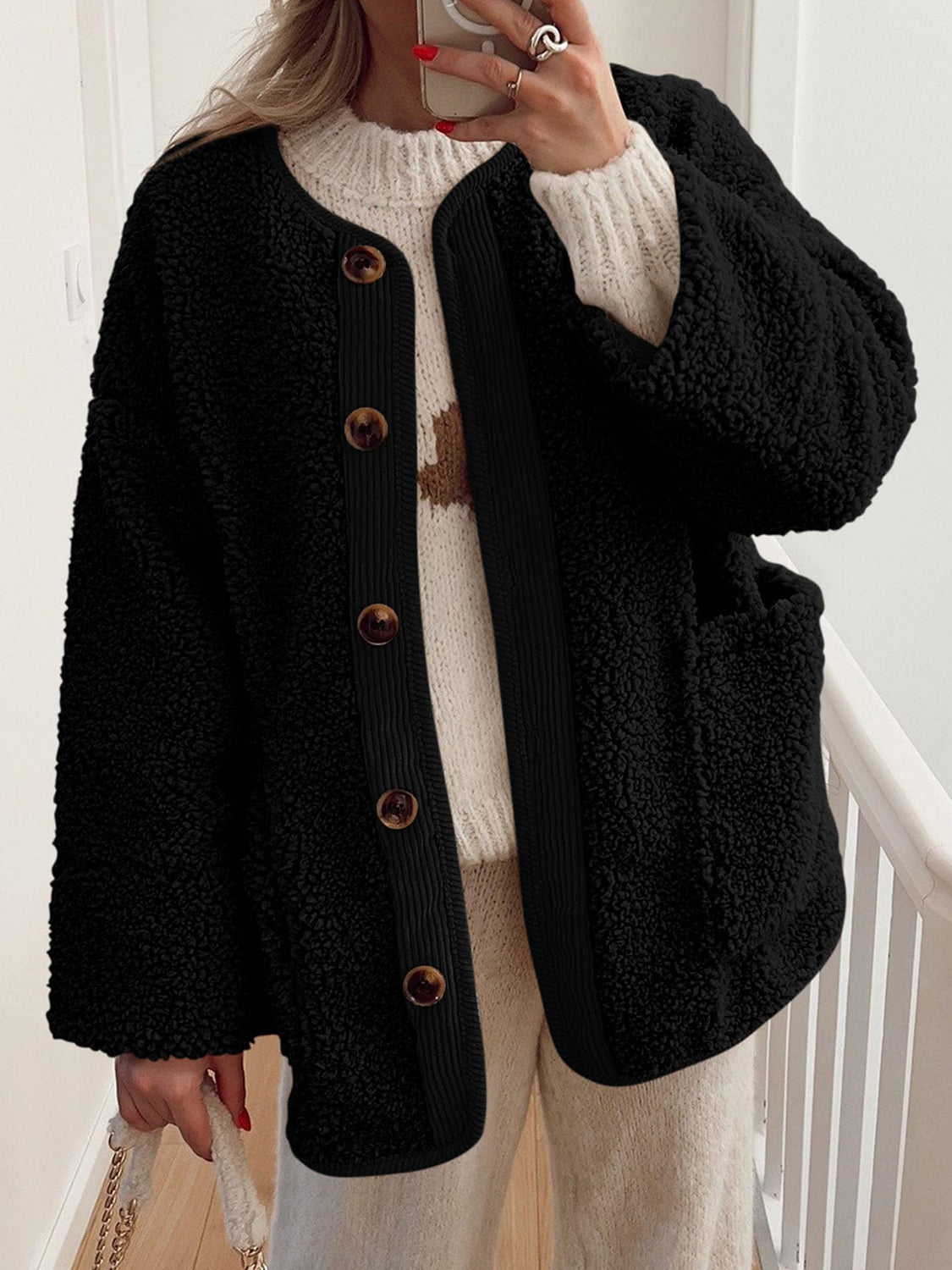 Contrast Button Up Sherpa Jacket with Pockets-Angel Casuals