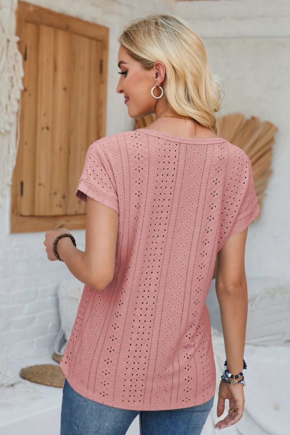 Eyelet Round Neck Rolled Short Sleeve T-Shirt-Angel Casuals