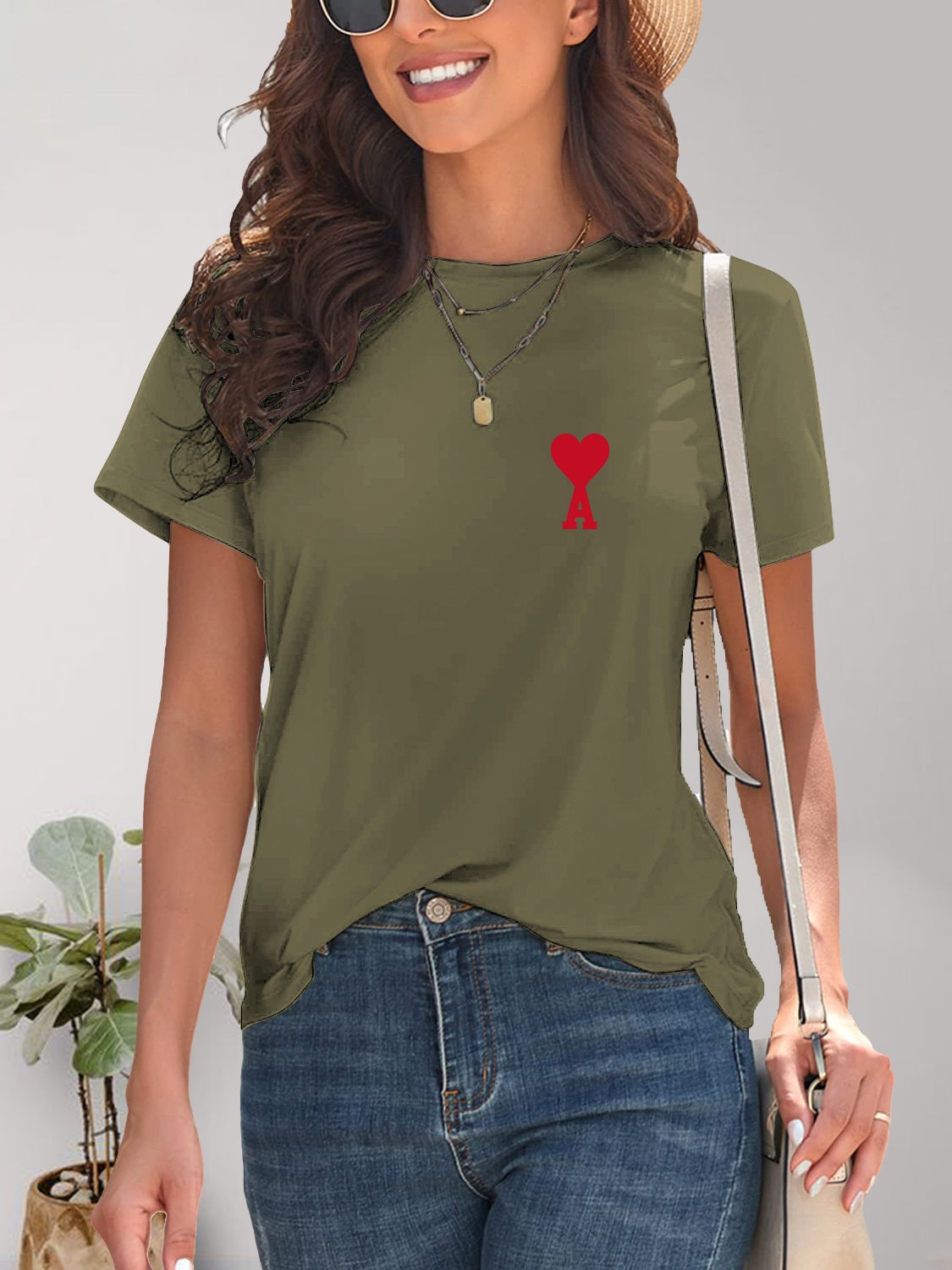 Heart Round Neck Short Sleeve T-Shirt-Angel Casuals