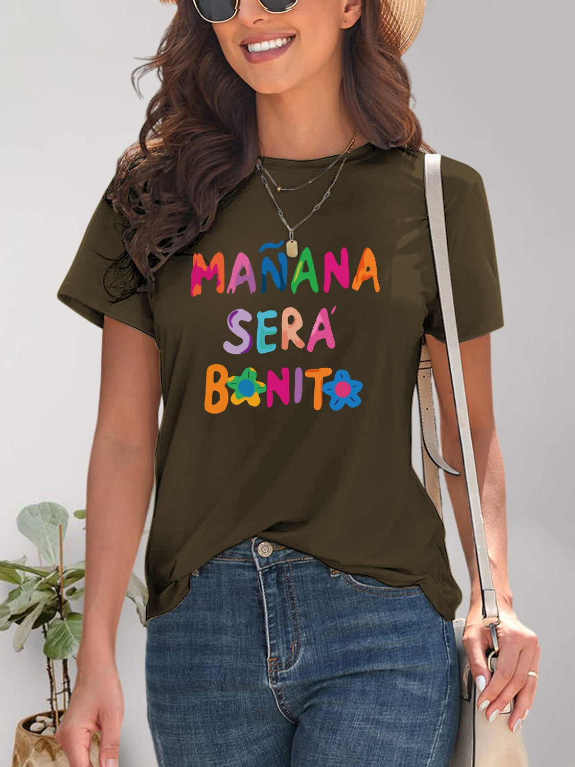 Letter Graphic Round Neck Short Sleeve T-Shirt-Angel Casuals