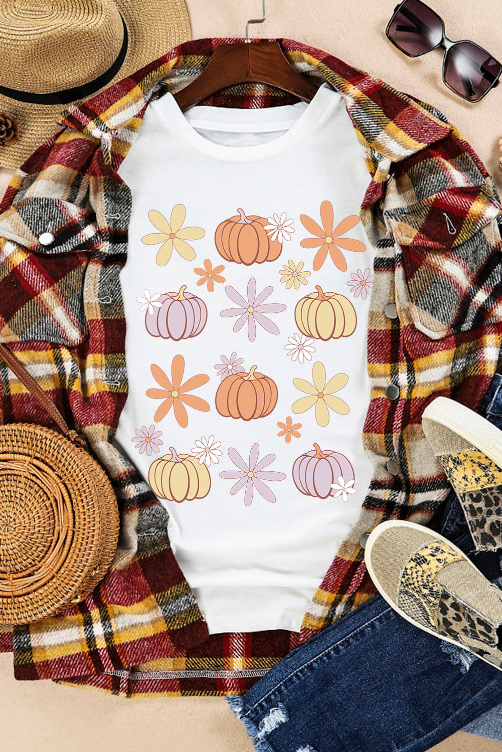Pumpkin & Flower Round Neck Short Sleeve T-Shirt-Angel Casuals