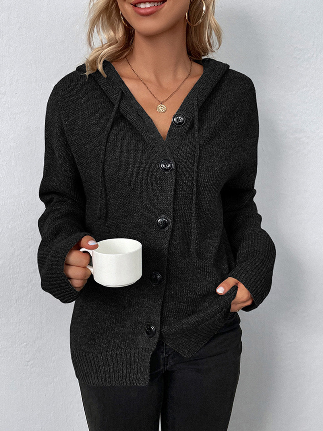 Drawstring Button Up Hooded Cardigan-Angel Casuals