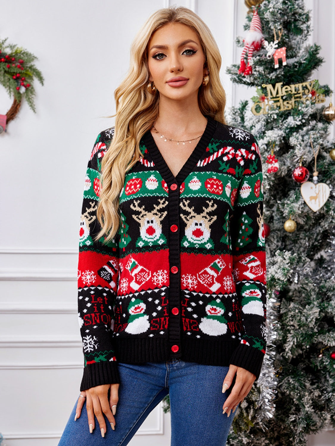Reindeer Button Up Long Sleeve Cardigan-Angel Casuals
