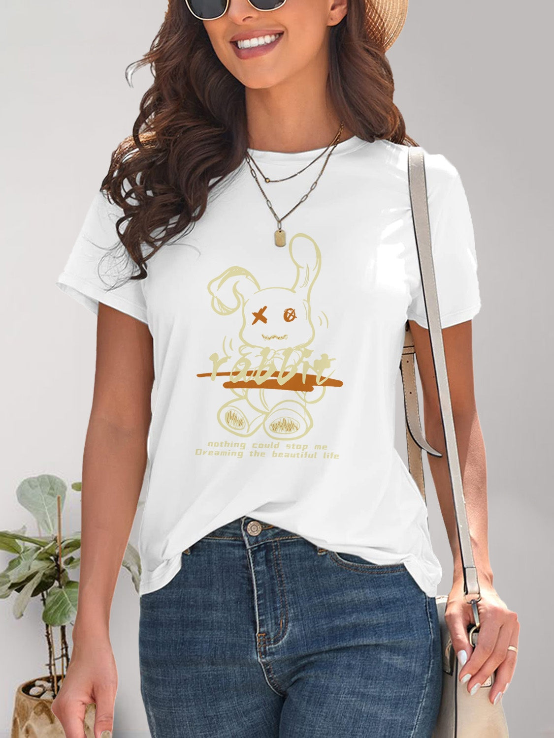 Rabbit Graphic Round Neck Short Sleeve T-Shirt-Angel Casuals