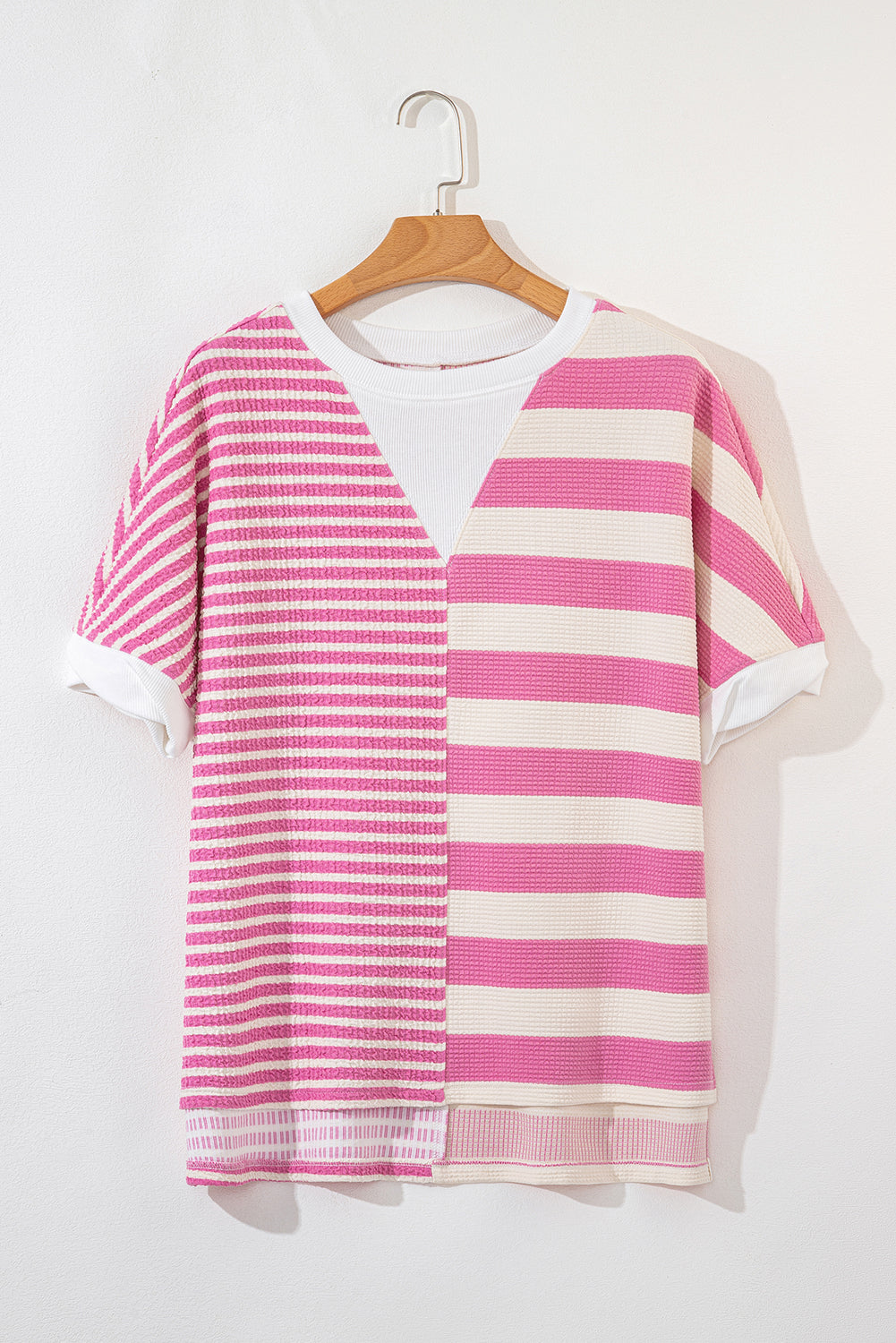 High-Low Striped Round Neck Short Sleeve T-Shirt-Angel Casuals