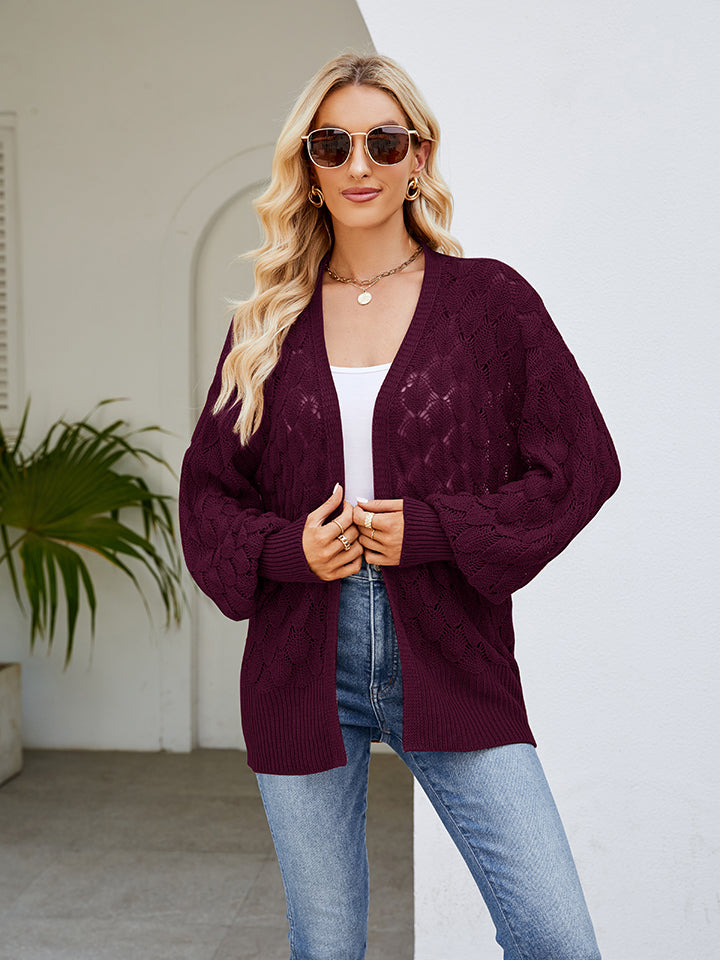 Openwork Open Front Lantern Sleeve Cardigan-Angel Casuals