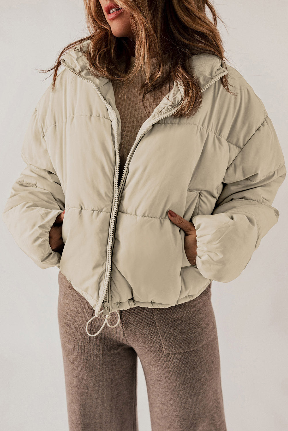 Zip Up Collared Neck Long Sleeve Winter Coat-Angel Casuals