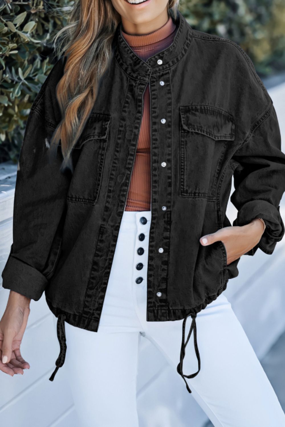 Drawstring Snap Down Denim Jacket with Chest Pockets-Angel Casuals