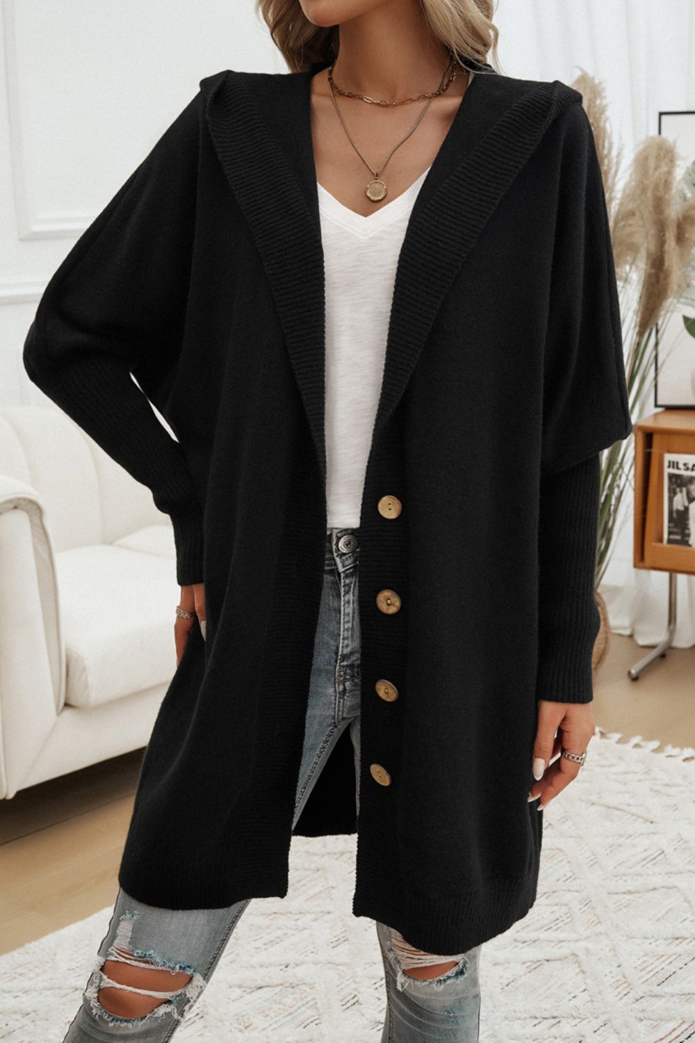 Devine Button Up Long Sleeve Hooded Cardigan-Angel Casuals