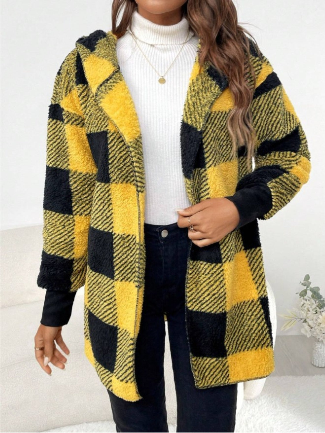 Plaid Long Sleeve Hooded Coat-Angel Casuals