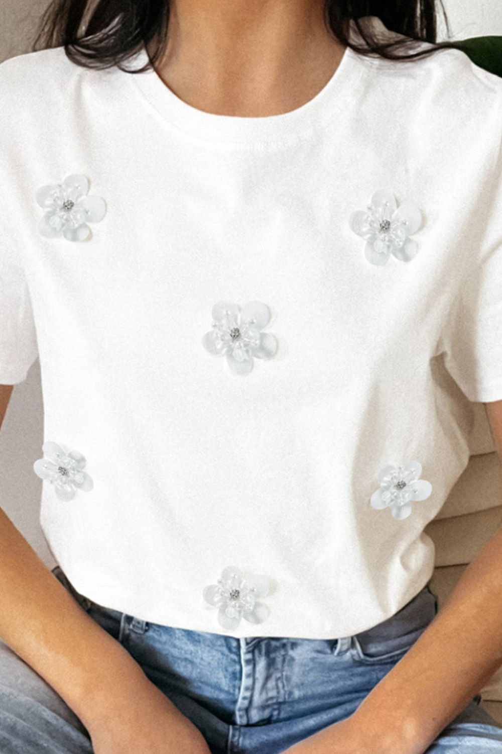 Flower Round Neck Short Sleeve T-Shirt-Angel Casuals
