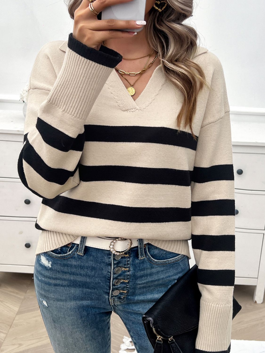 Devine Striped Collared Neck Long Sleeve Sweater-Angel Casuals