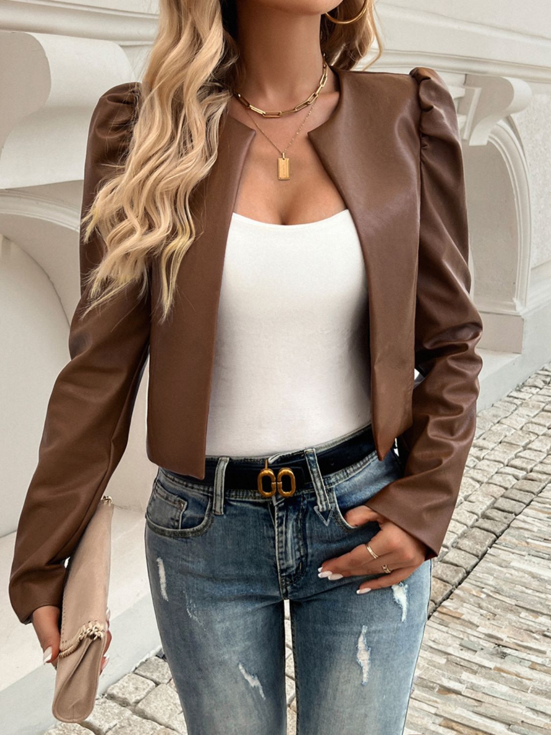 Devine Open Front Puff Sleeve Jacket-Angel Casuals