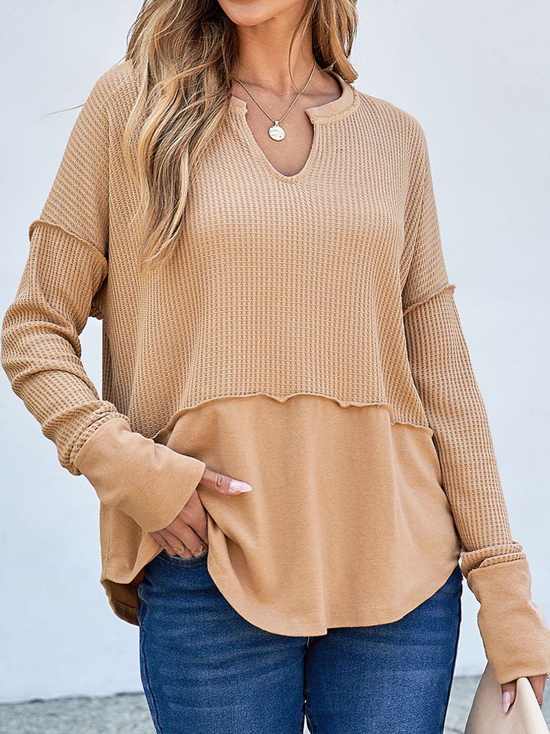 Waffle-Knit Notched Long Sleeve T-Shirt-Angel Casuals