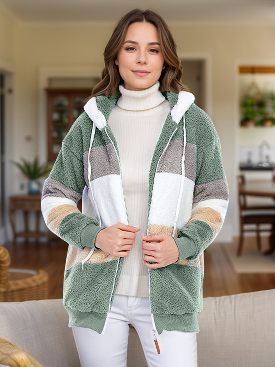 Full Size Drawstring Color Block Zip Up Hooded Outerwear-Angel Casuals