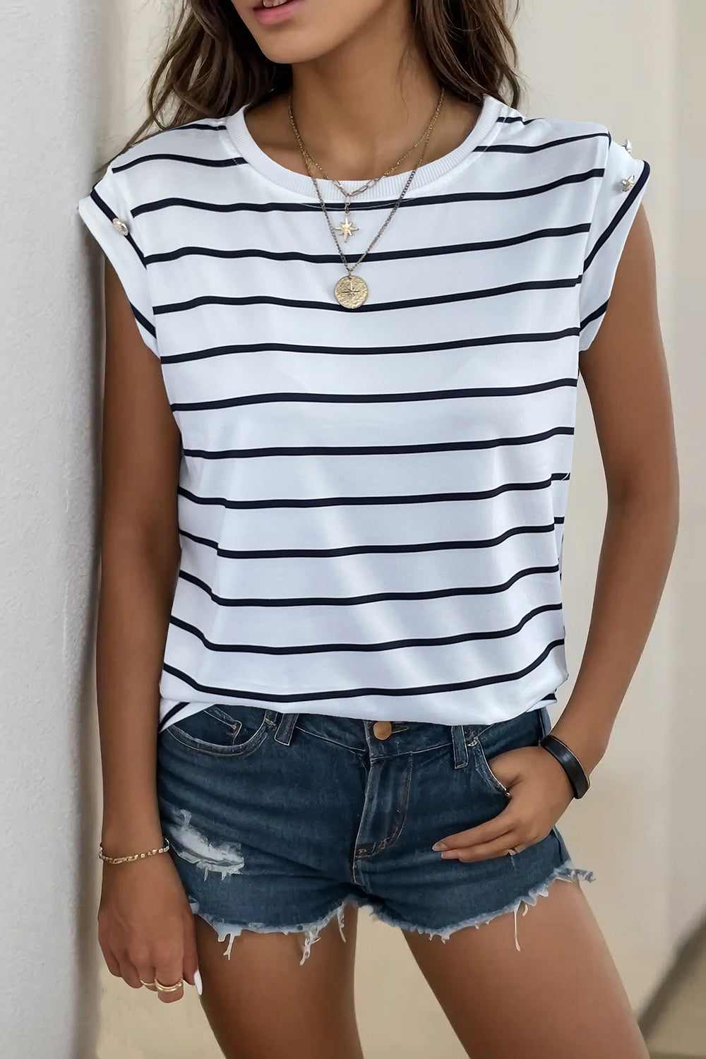 Decorative Button Round Neck T-Shirt-Angel Casuals