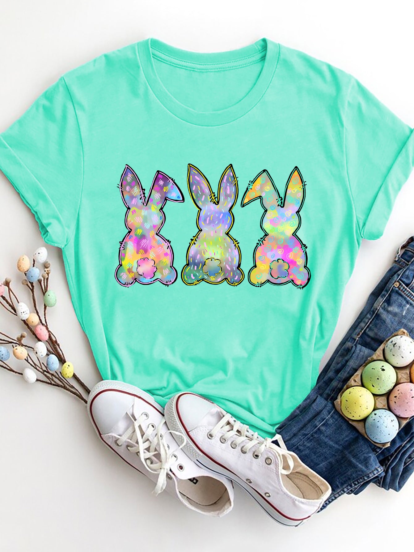 Rabbit Round Neck Short Sleeve T-Shirt-Angel Casuals