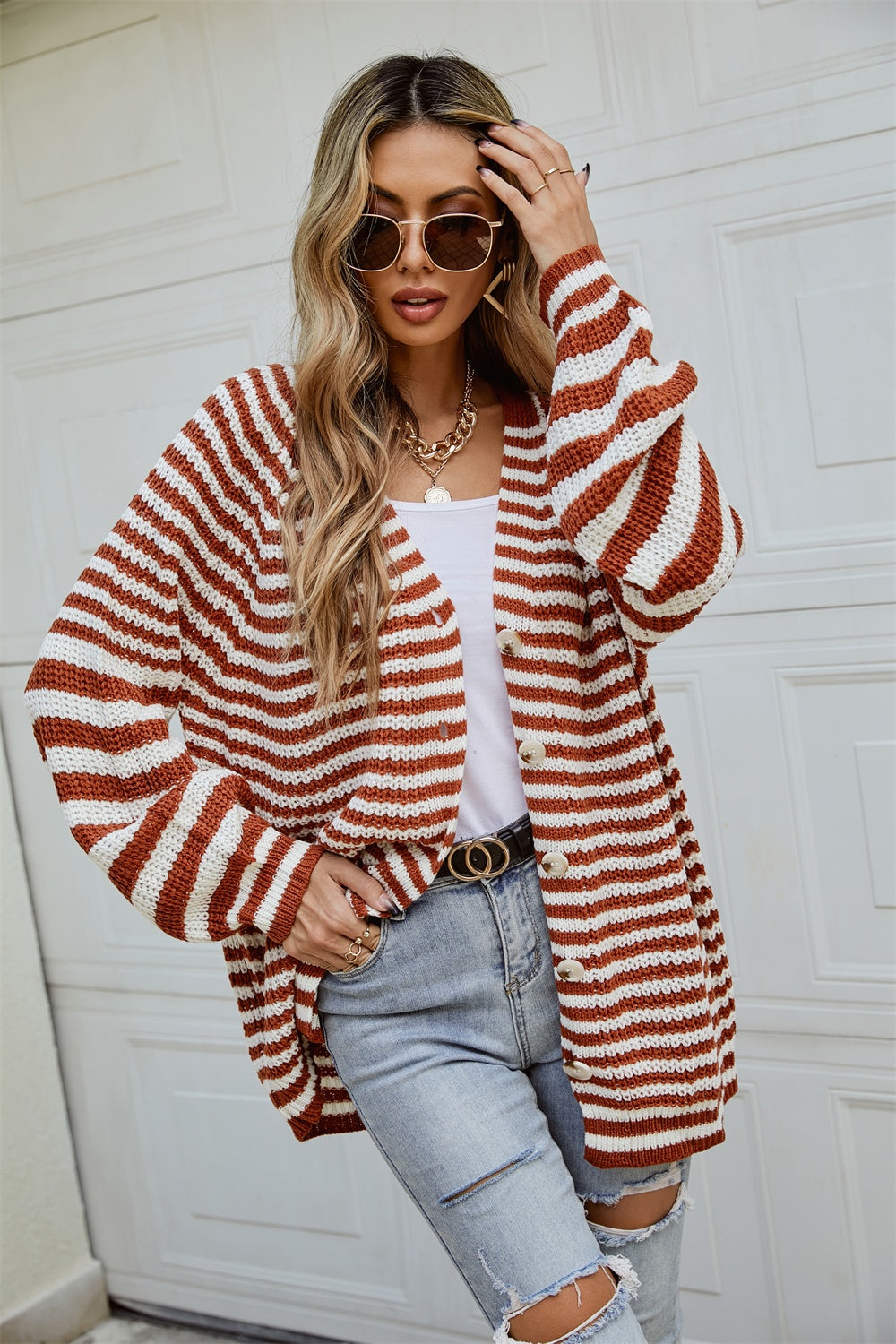 Angel Wings Striped Button Up Long Sleeve Cardigan-Angel Casuals