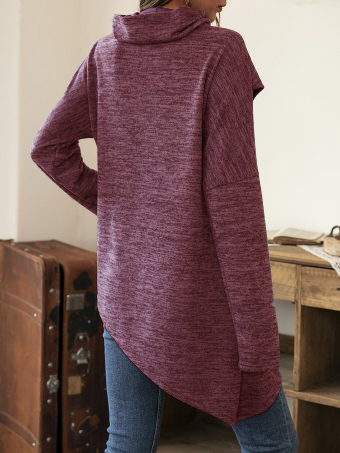 Asymmetrical Hem Cowl Neck Long Sleeve T-Shirt-Angel Casuals