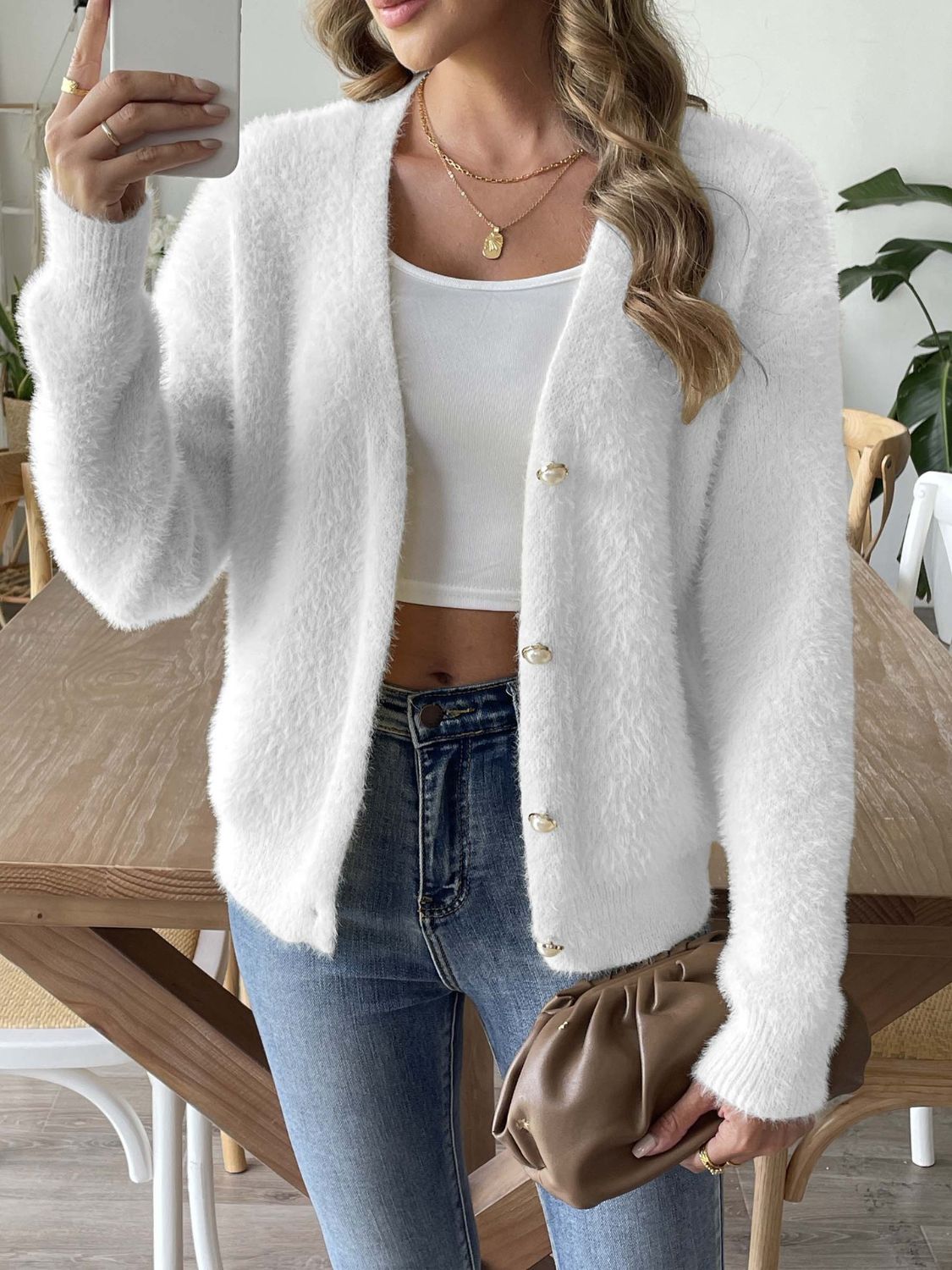 Button Up V-Neck Long Sleeve Cardigan-Angel Casuals