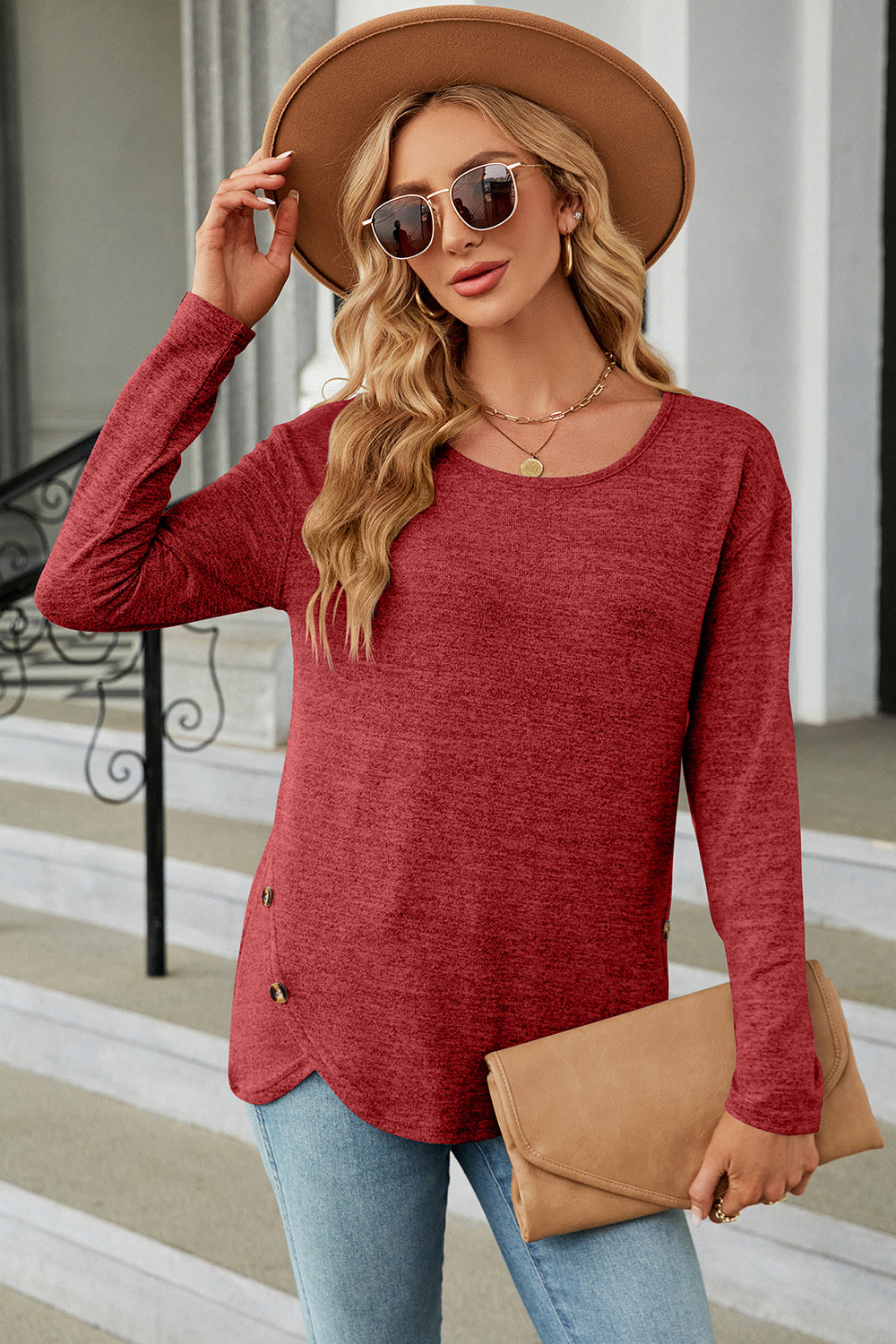 Round Neck Long Sleeve T-Shirt-Angel Casuals