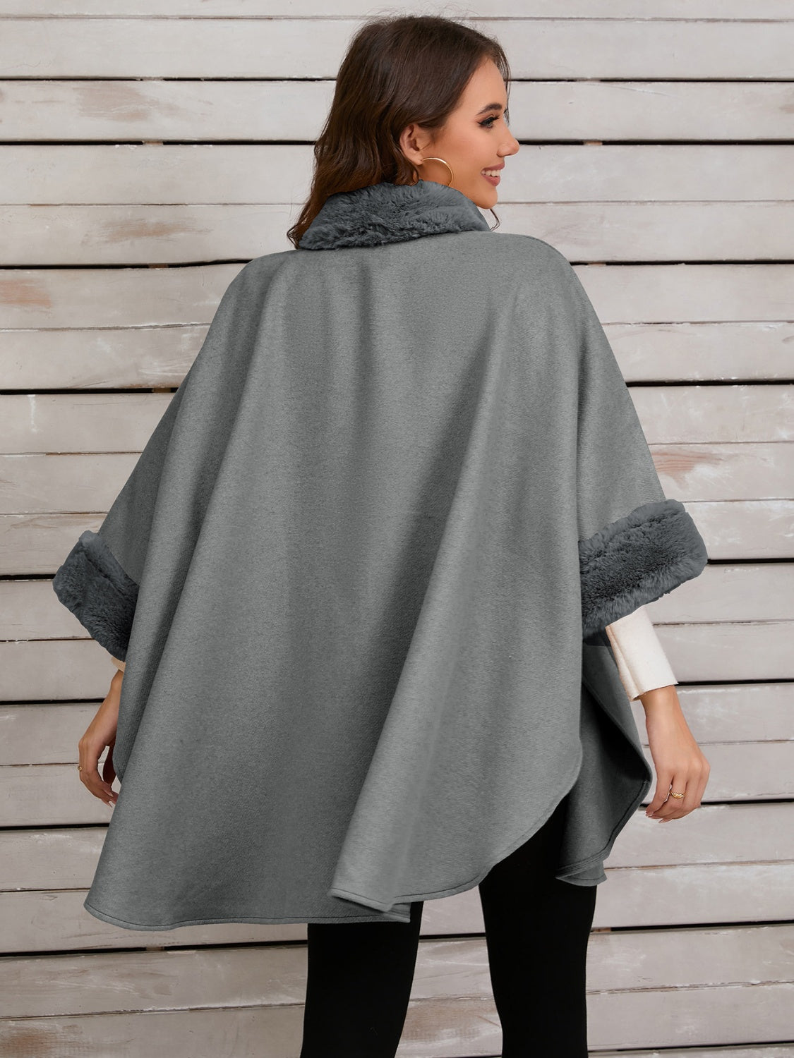 Fuzzy Trim Long Sleeve Poncho-Angel Casuals