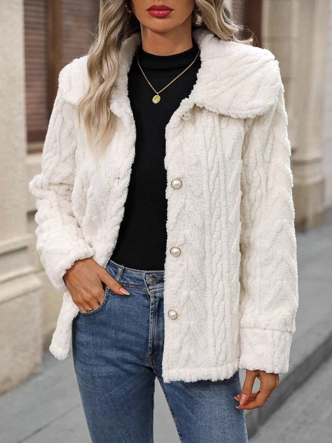 Fuzzy Texture Button Up Collared Neck Coat-Angel Casuals