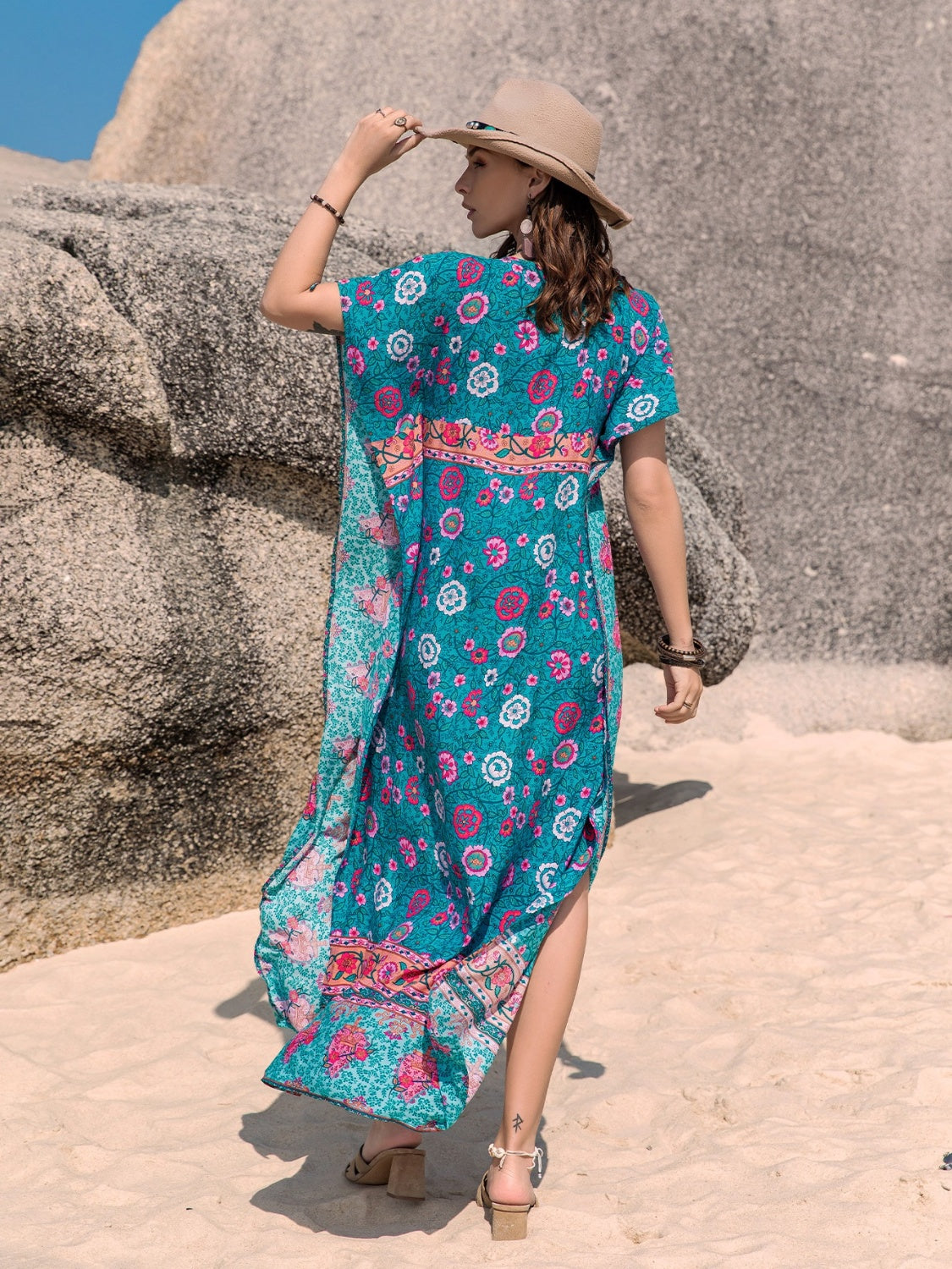 Printed Tie Neck Short Sleeve Dress-Angel Casuals