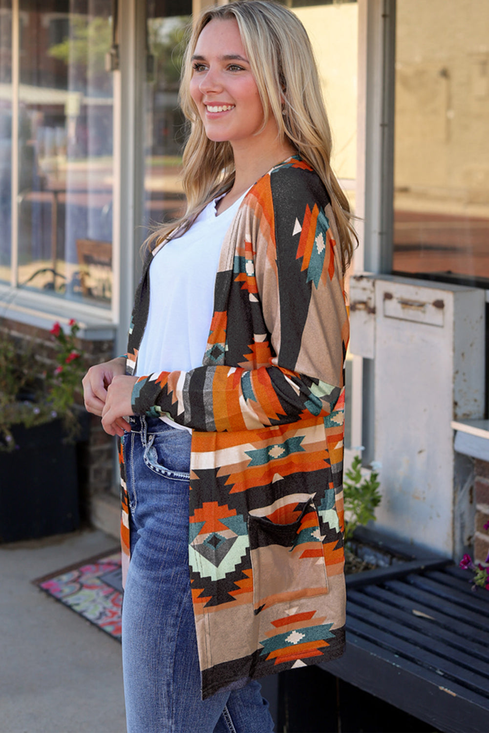Geometric Open Front Long Sleeve Cardigan with Pockets-Angel Casuals