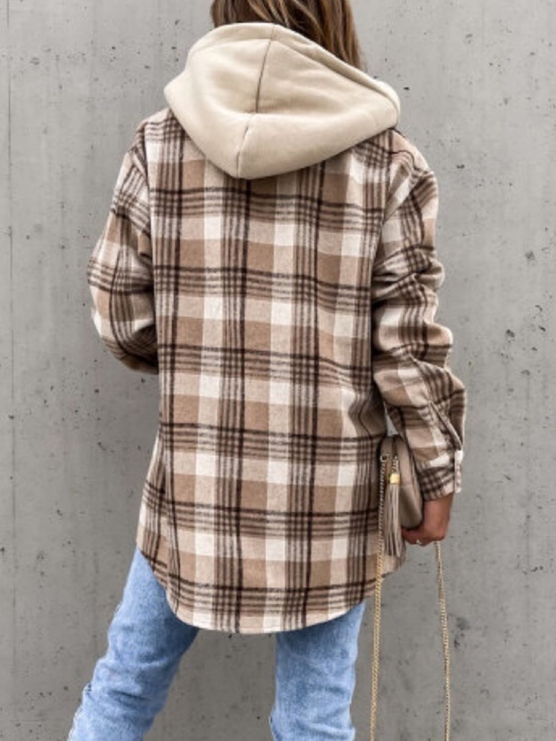 Plaid Button Up Jacket with Removable Hood-Angel Casuals