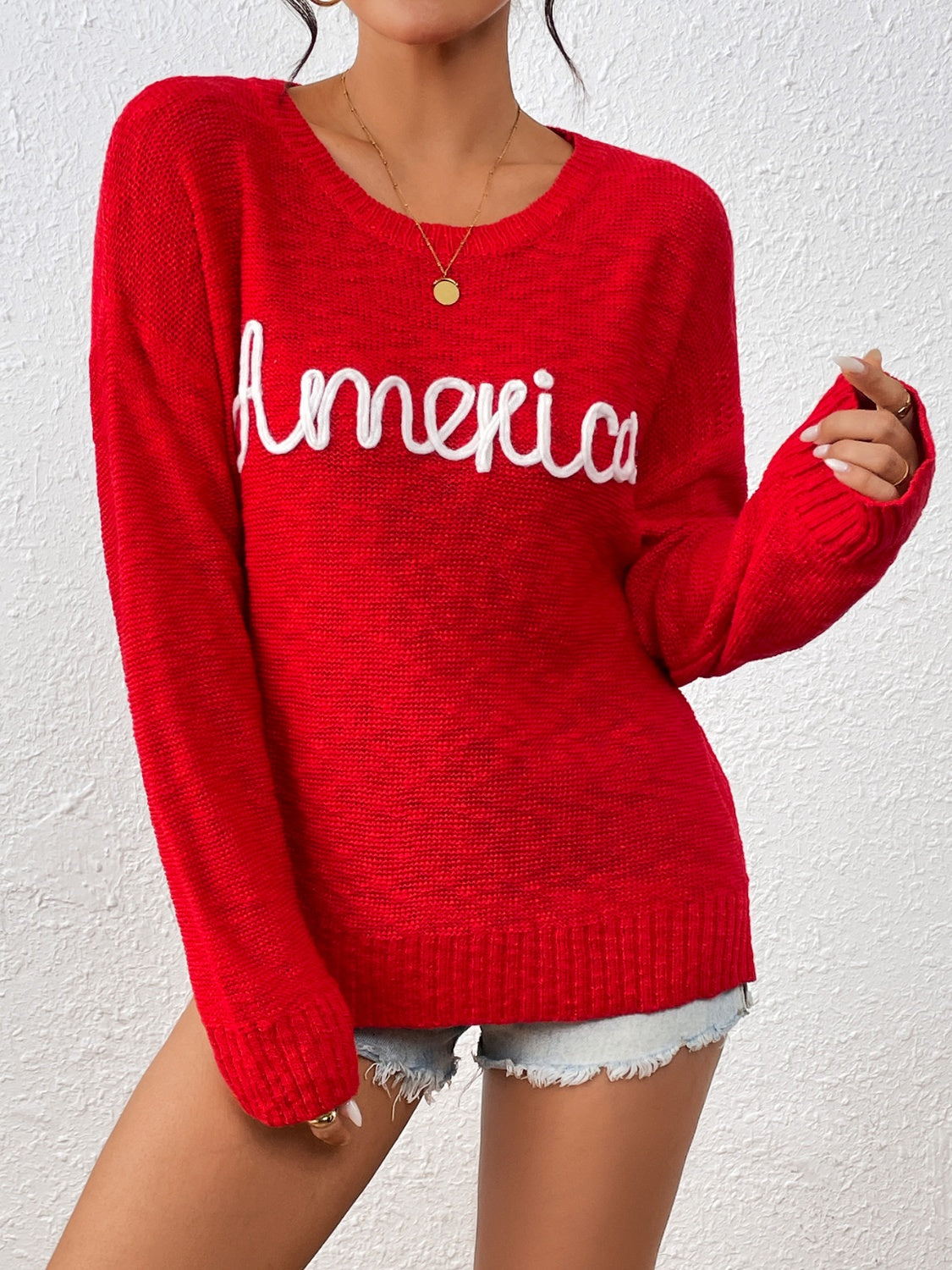 Letter Round Neck Long Sleeve Sweater-Angel Casuals