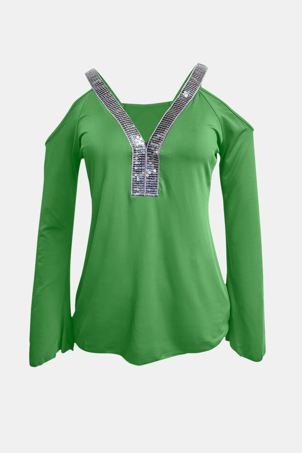 Sequin V-Neck Cold Shoulder Top-Angel Casuals