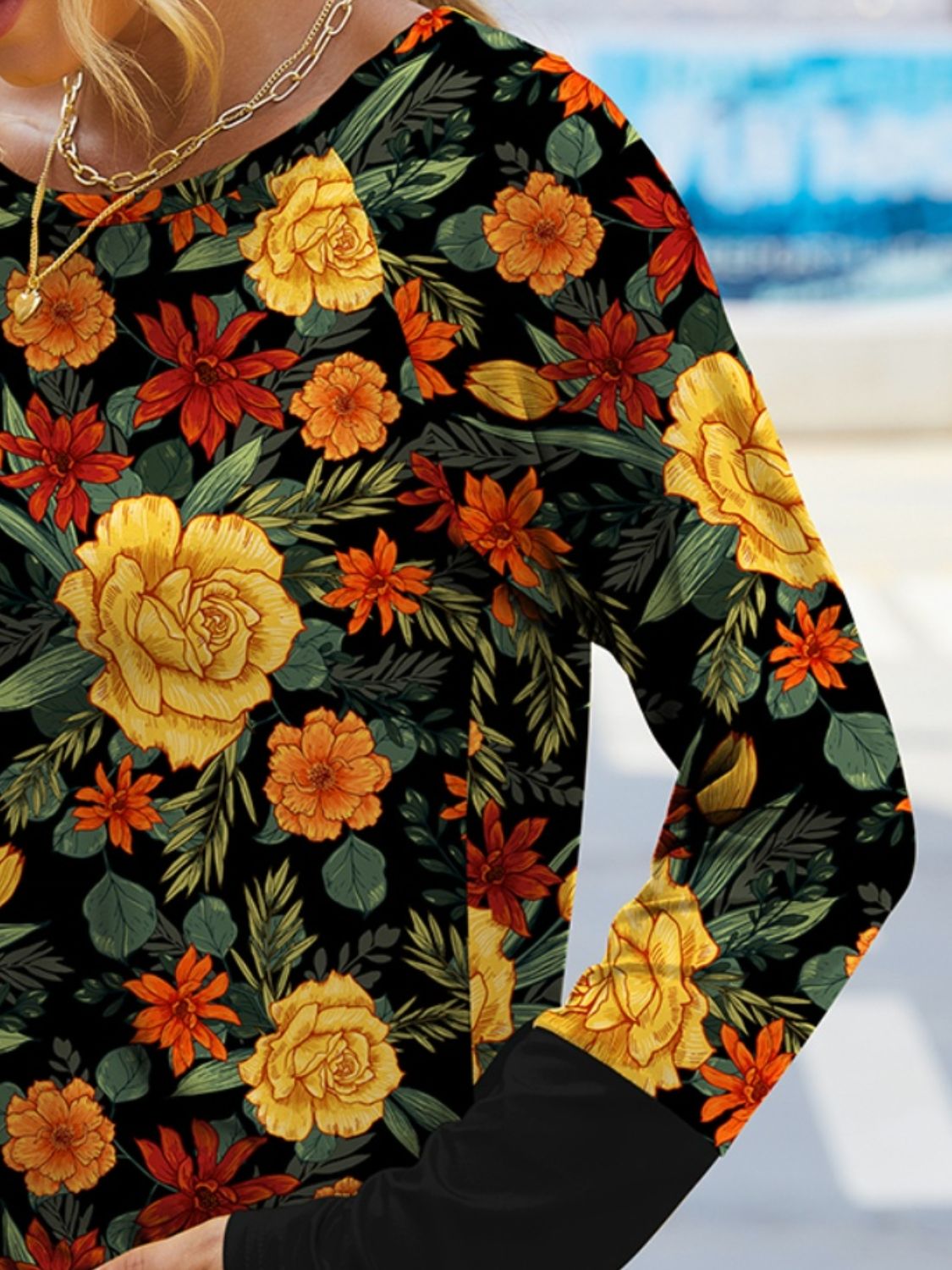 FAM-FAM Printed Round Neck Long Sleeve T-Shirt-Angel Casuals