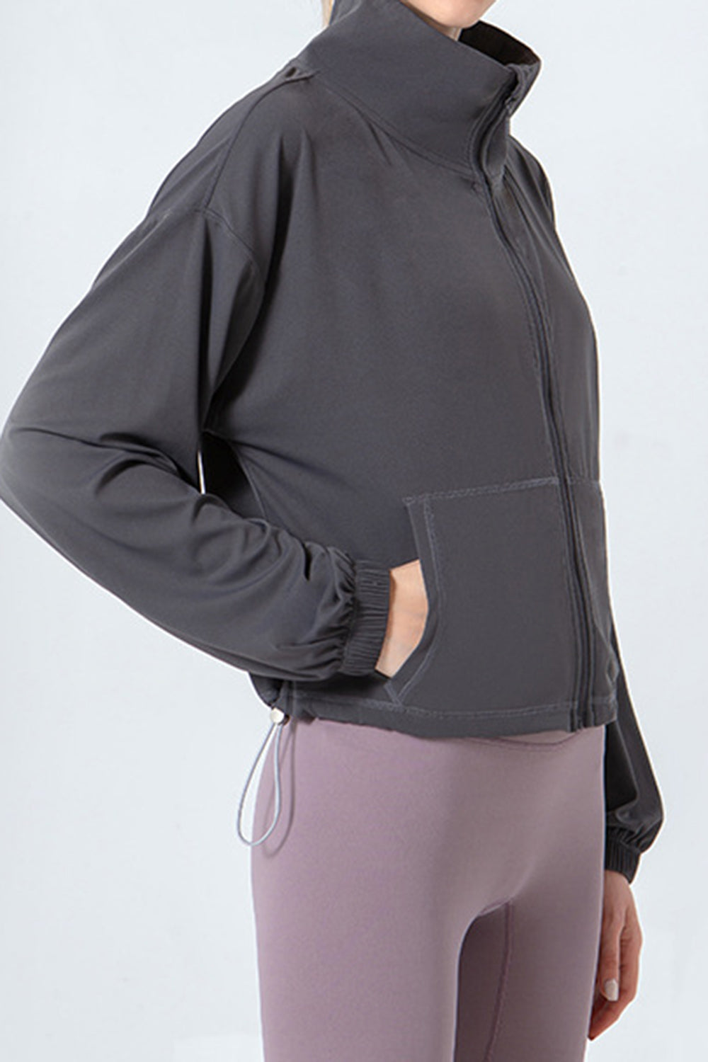 Drawstring Zip Up Dropped Shoulder Active Outerwear-Angel Casuals