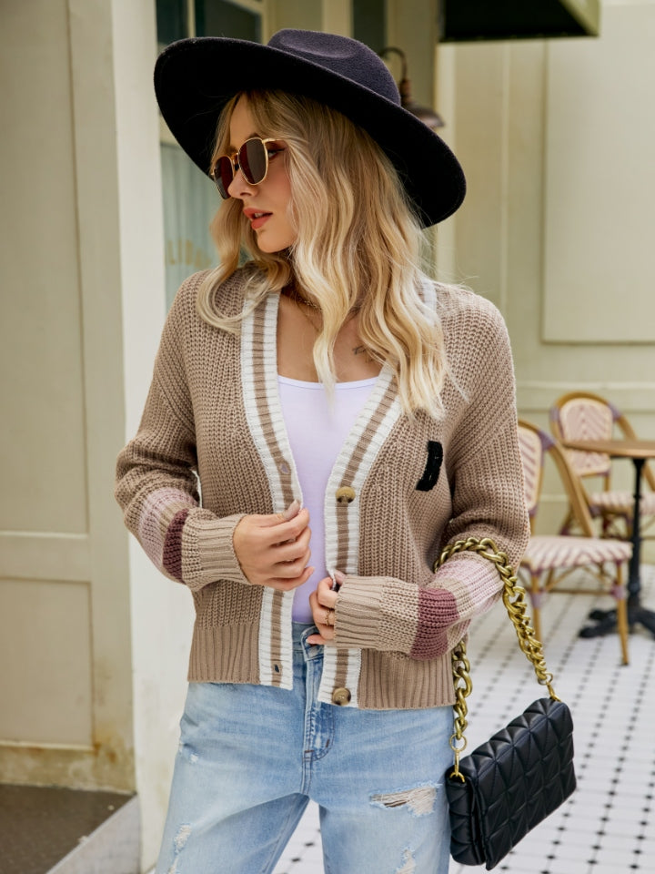 Contrast Button Up Dropped Shoulder Cardigan-Angel Casuals