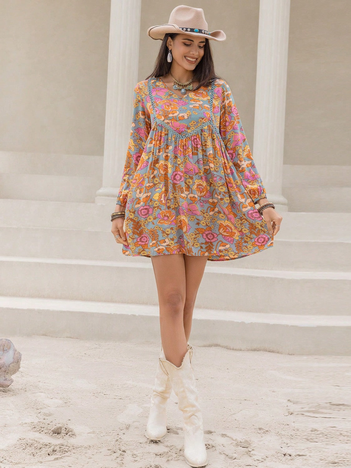 Printed V-Neck Balloon Sleeve Mini Dress-Angel Casuals