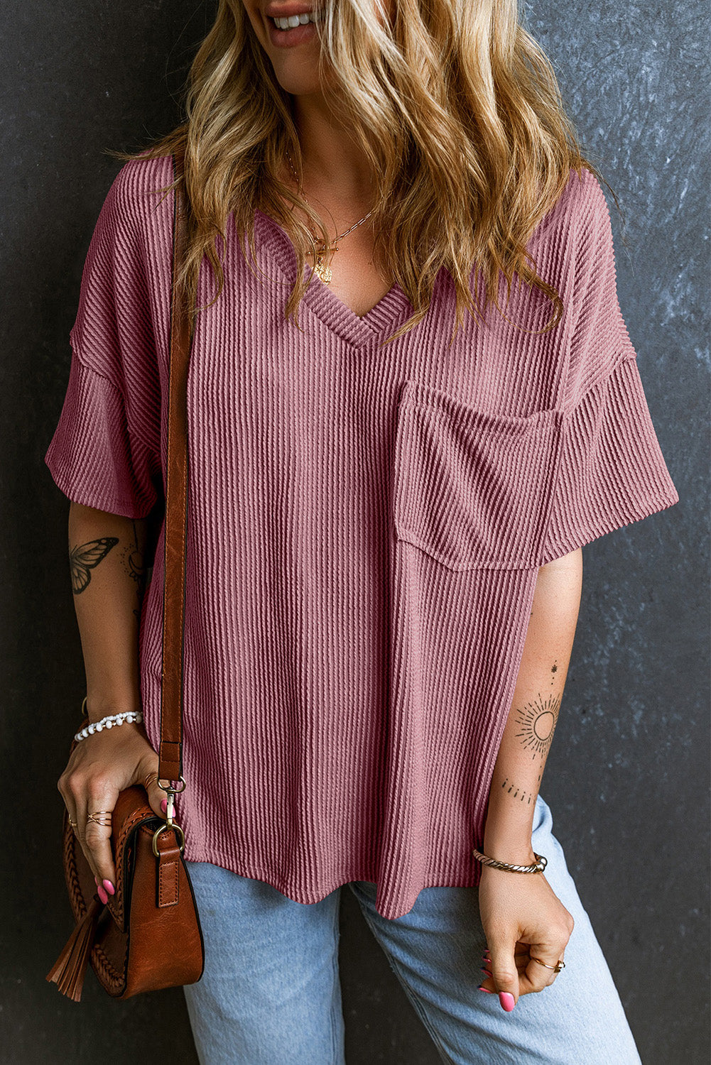 Textured V-Neck Dropped Shoulder T-Shirt-Angel Casuals