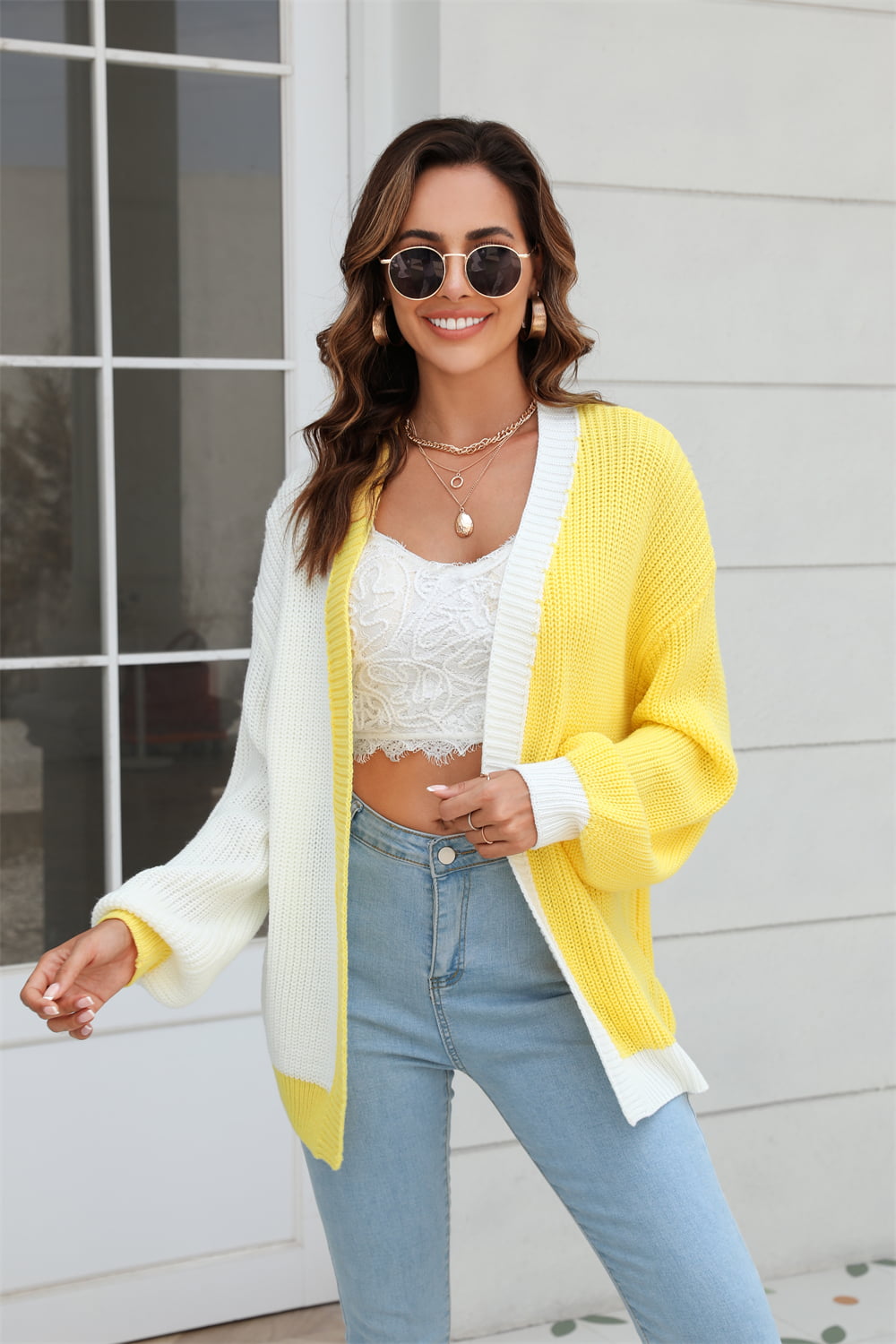 Open Front Contrast Color Balloon Sleeve Cardigan-Angel Casuals