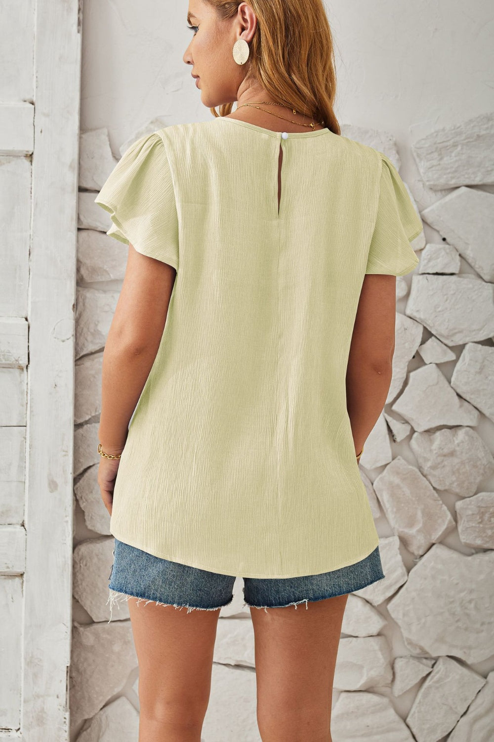 Round Neck Keyhole Cap Sleeve T-Shirt-Angel Casuals