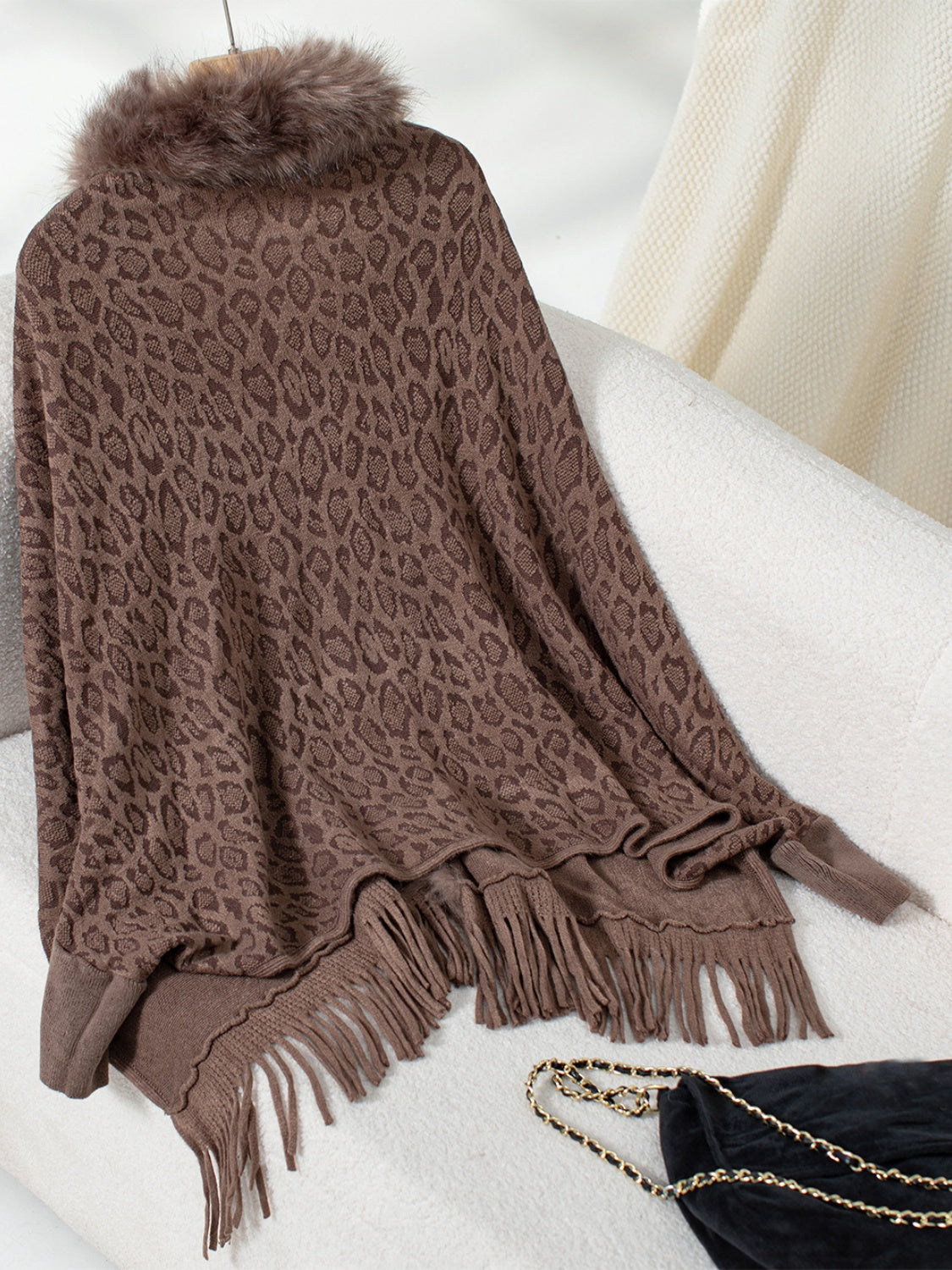 Fringe Leopard Open Front Long Sleeve Poncho-Angel Casuals