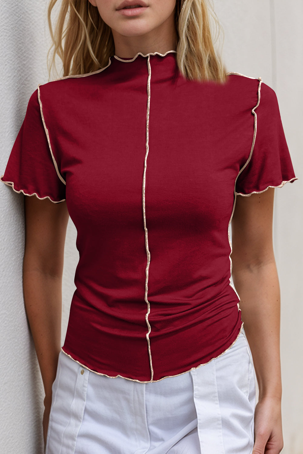 Basic Bae Contrast Trim Mock Neck Short Sleeve T-Shirt-Angel Casuals