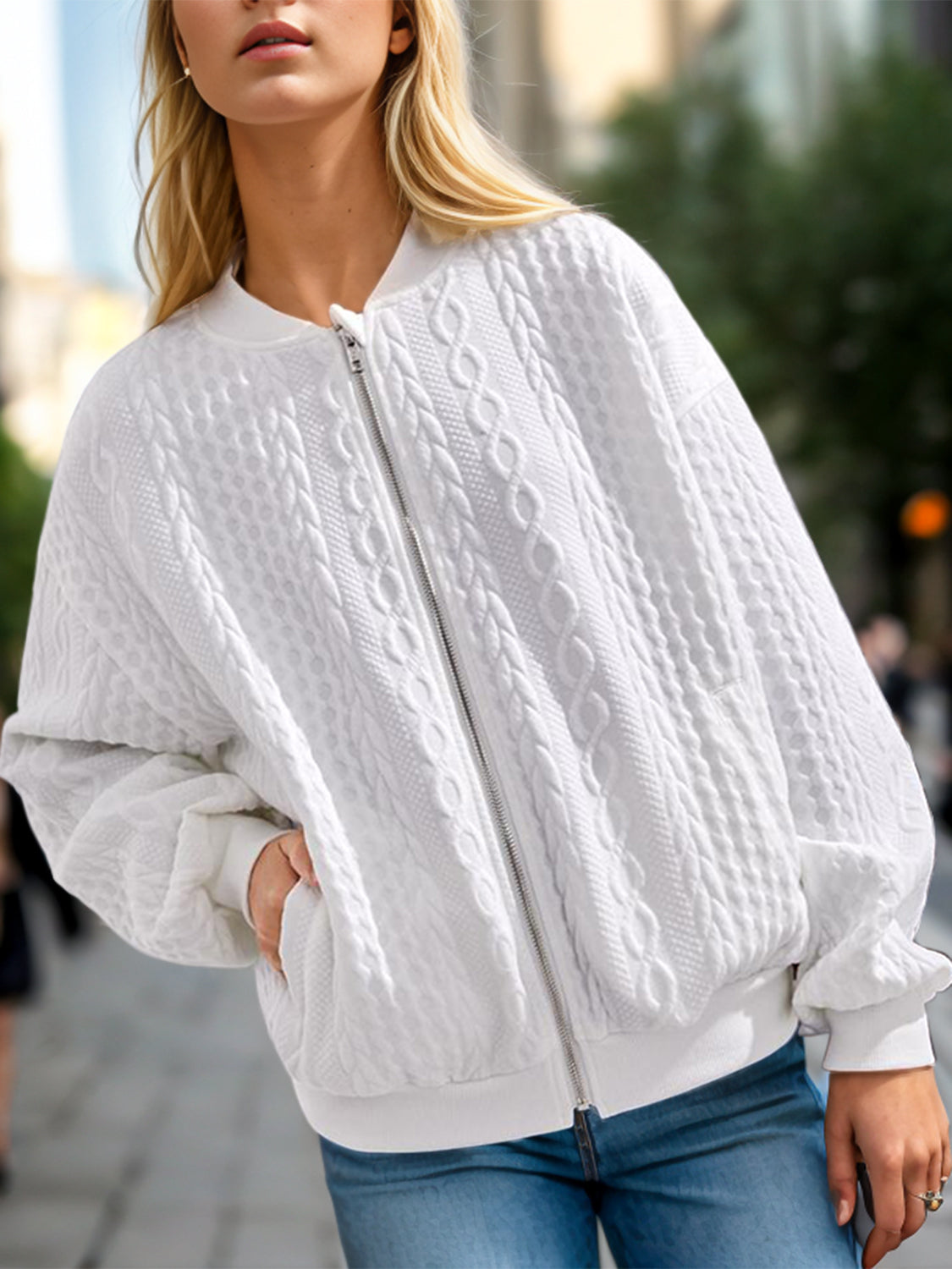 Textured Zip Up Dropped Shoulder Jacket-Angel Casuals