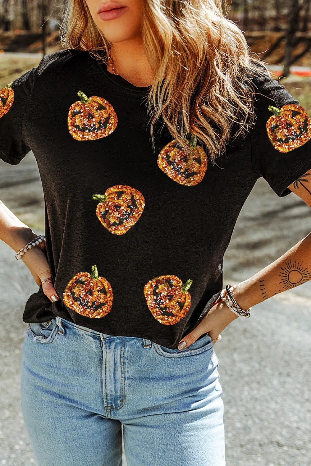 Sequin Pumpkin Round Neck Short Sleeve T-Shirt-Angel Casuals